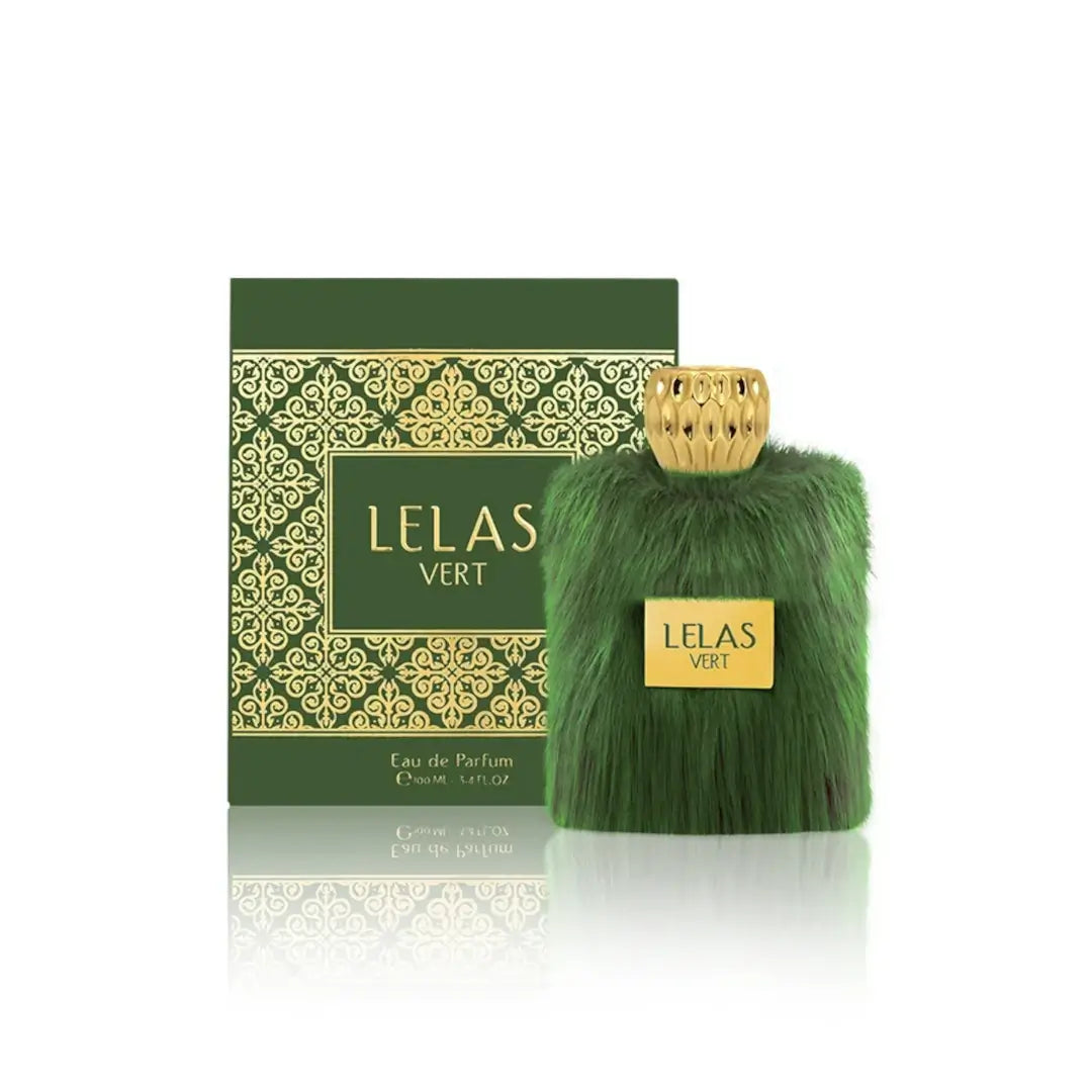 'Vert' Green perfume bottle and packaging with 'LELAS' branding on a white background