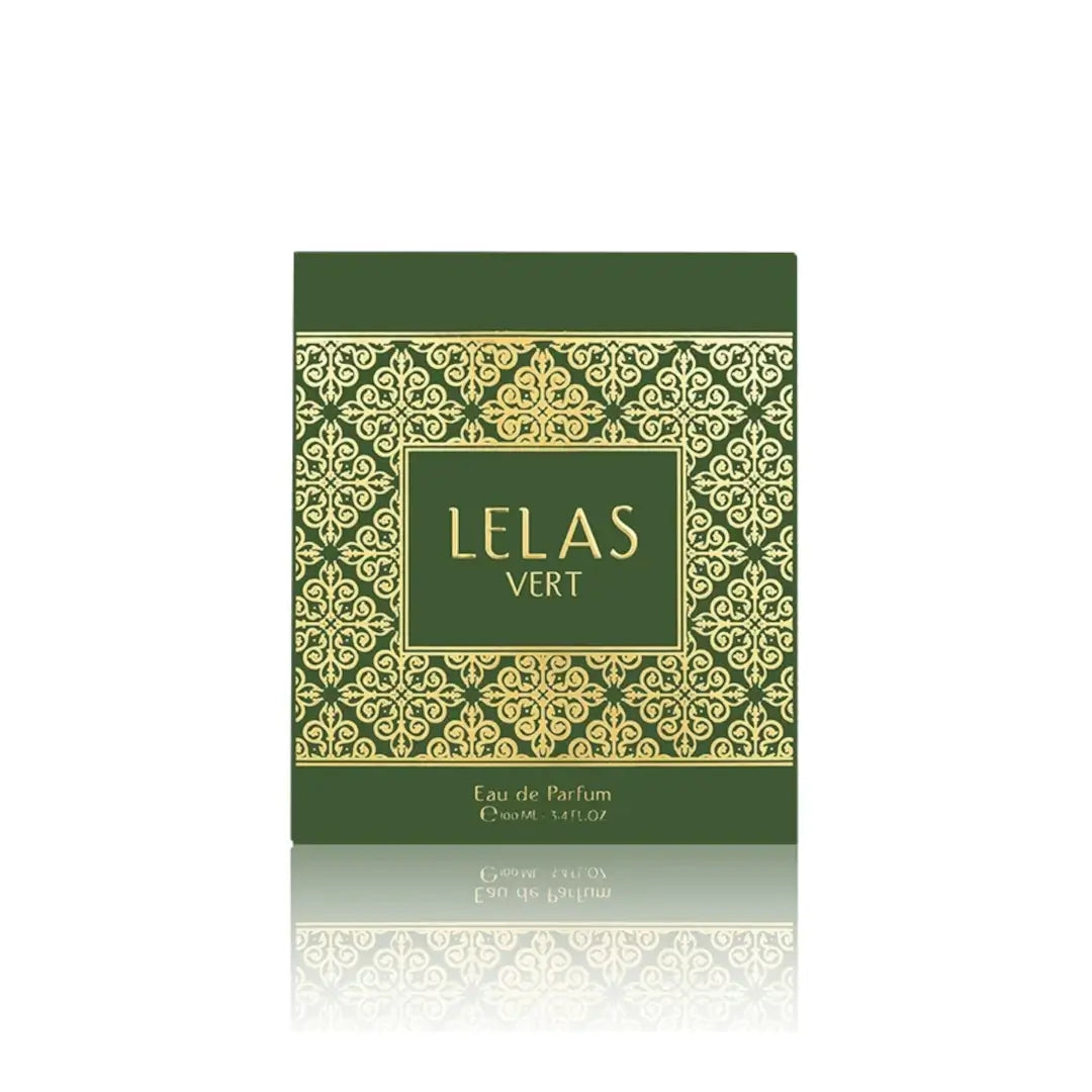Green and gold packaging of LELAS Vert perfume on a white background