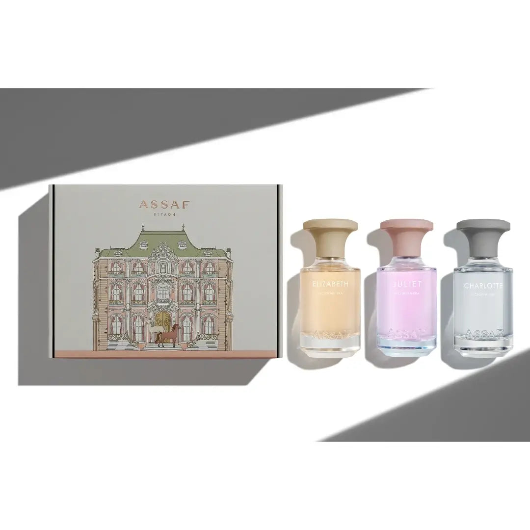 Three Assaf perfume bottles with a decorative box on a white background labelled 'Victorian Collection