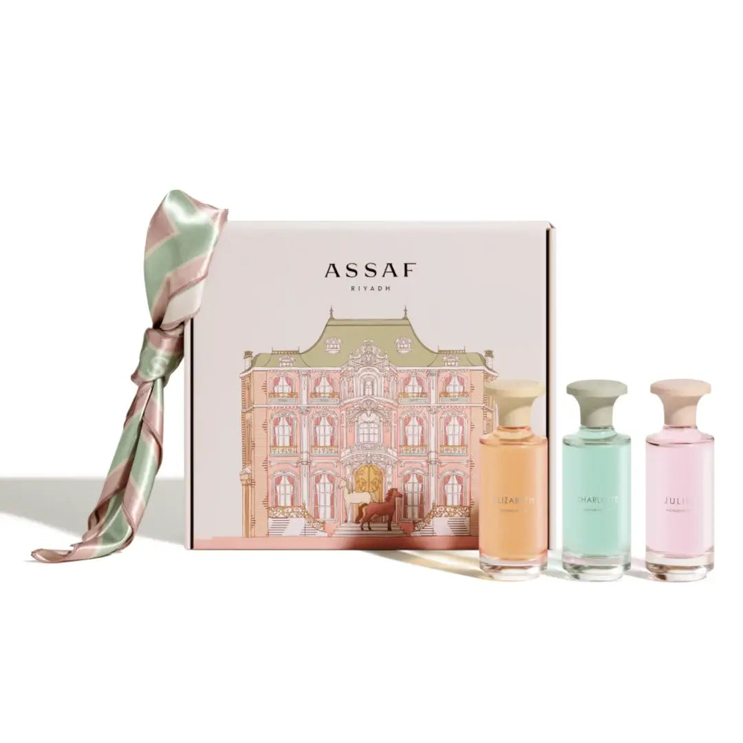Assaf Victorian Collection perfume set with three bottles and a decorative box on a white background
