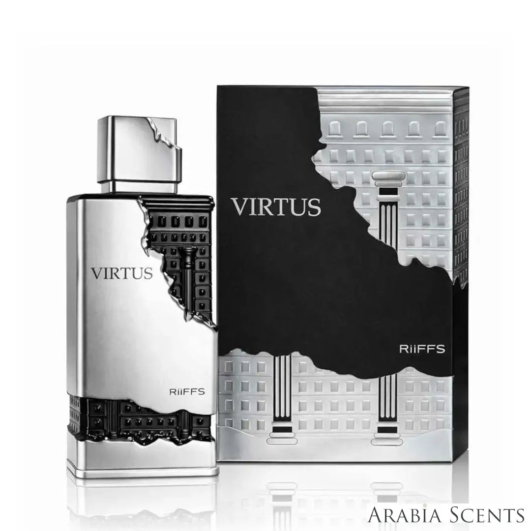 'Virtus' perfume bottle & packaging on a white background with 'Riiffs' branding featured by 'Arabiascents'