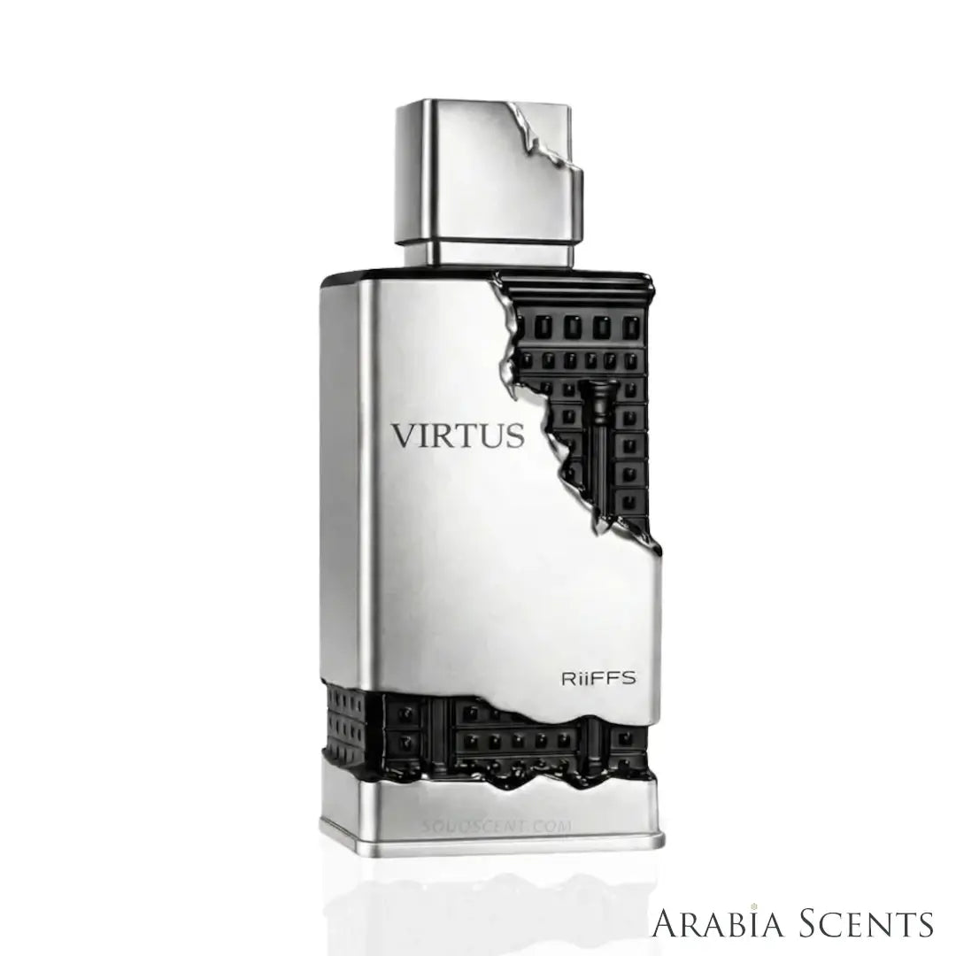 'Virtus' perfume bottle on a white background with 'Riiffs' branding featured by 'Arabiascents'