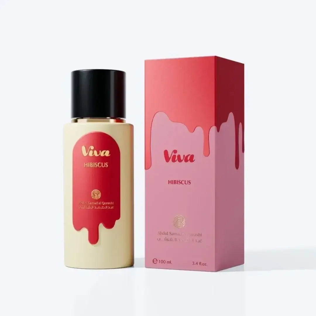 'Viva Hibiscus' perfume bottle & packaging in a white background with 'ASQ' branding
