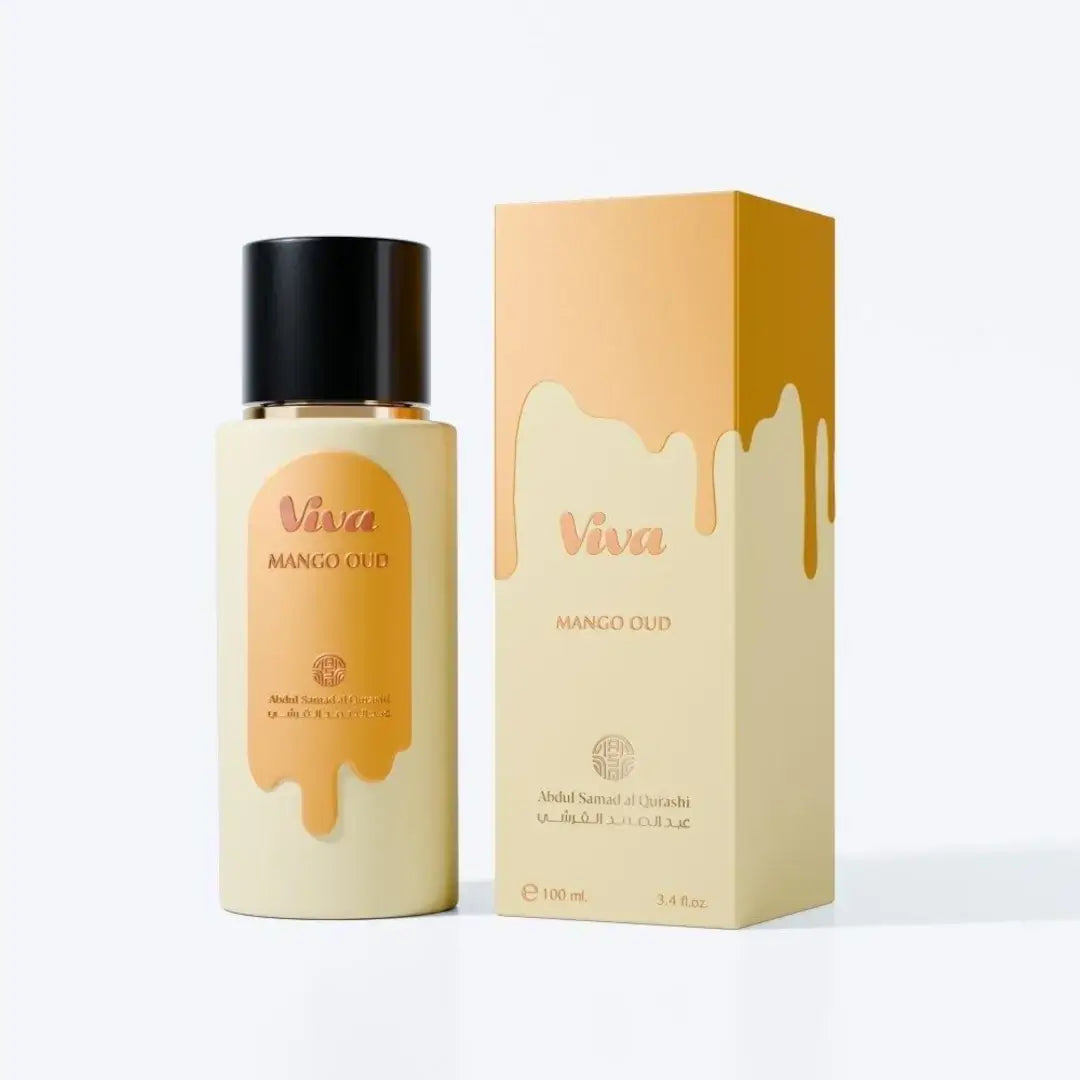 'Viva Mango Oud' perfume bottle & packaging in a white background with 'ASQ' branding