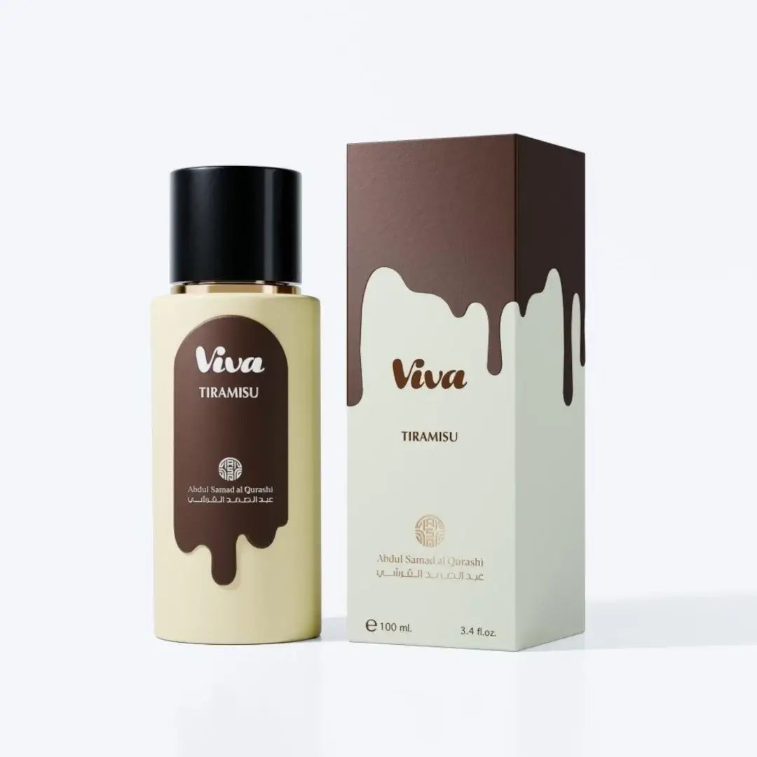 'Viva Tiramisu' perfume bottle & packaging in a white background with 'Abdul Samad Al Qurashi' branding
