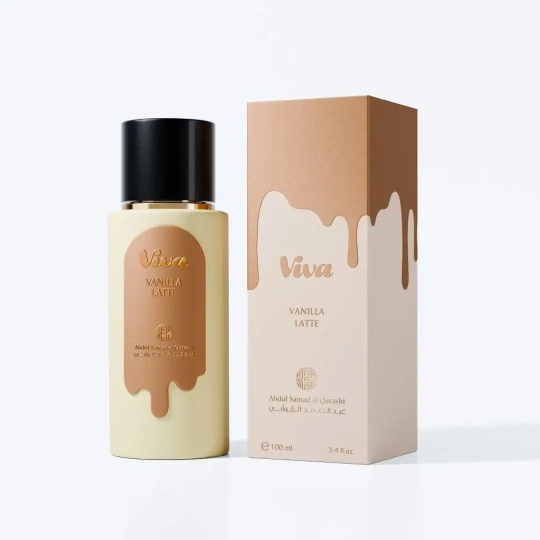 'Viva Vanilla Latte' perfume bottle & packaging in a white background with 'ASQ' branding