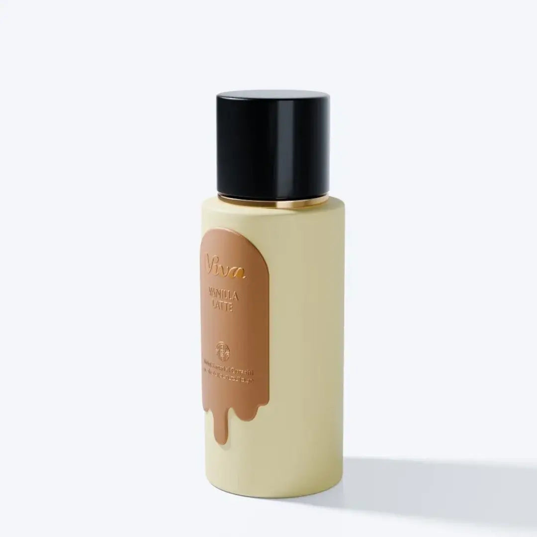'Viva Vanilla Latte' perfume bottle in a white background with 'ASQ' branding