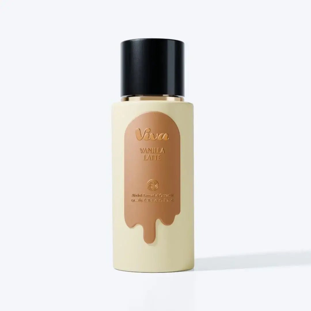 'Viva Vanilla Latte' perfume bottle in a white background with 'ASQ' branding