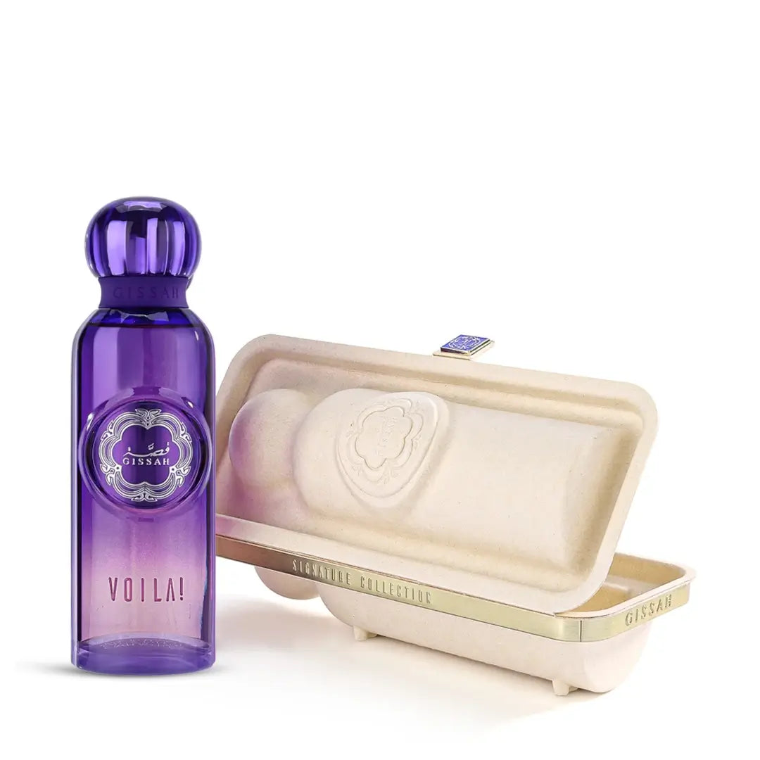 'Voila' perfume bottle & packaging on a white background with 'Gissah' branding