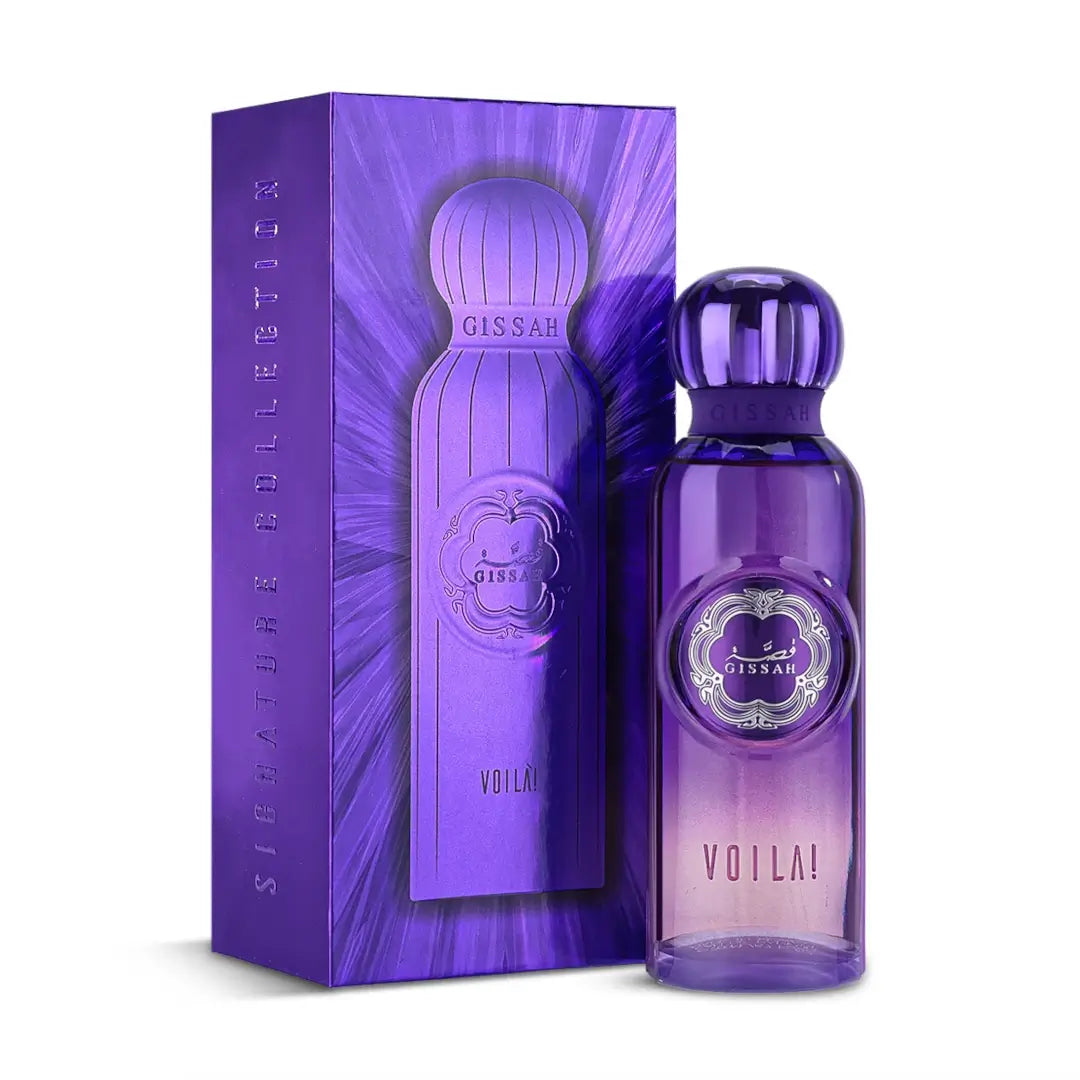 'Voila' perfume bottle & packaging on a white background with 'Gissah' branding