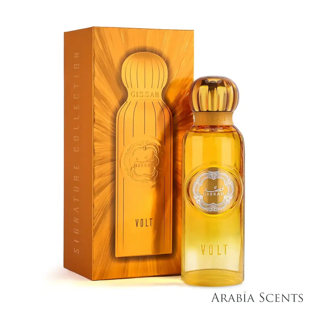 Gissar Volt perfume bottle and its signature collection box in a warm golden-orange color branded by Gissah being featured on 'ArabiaScents'
