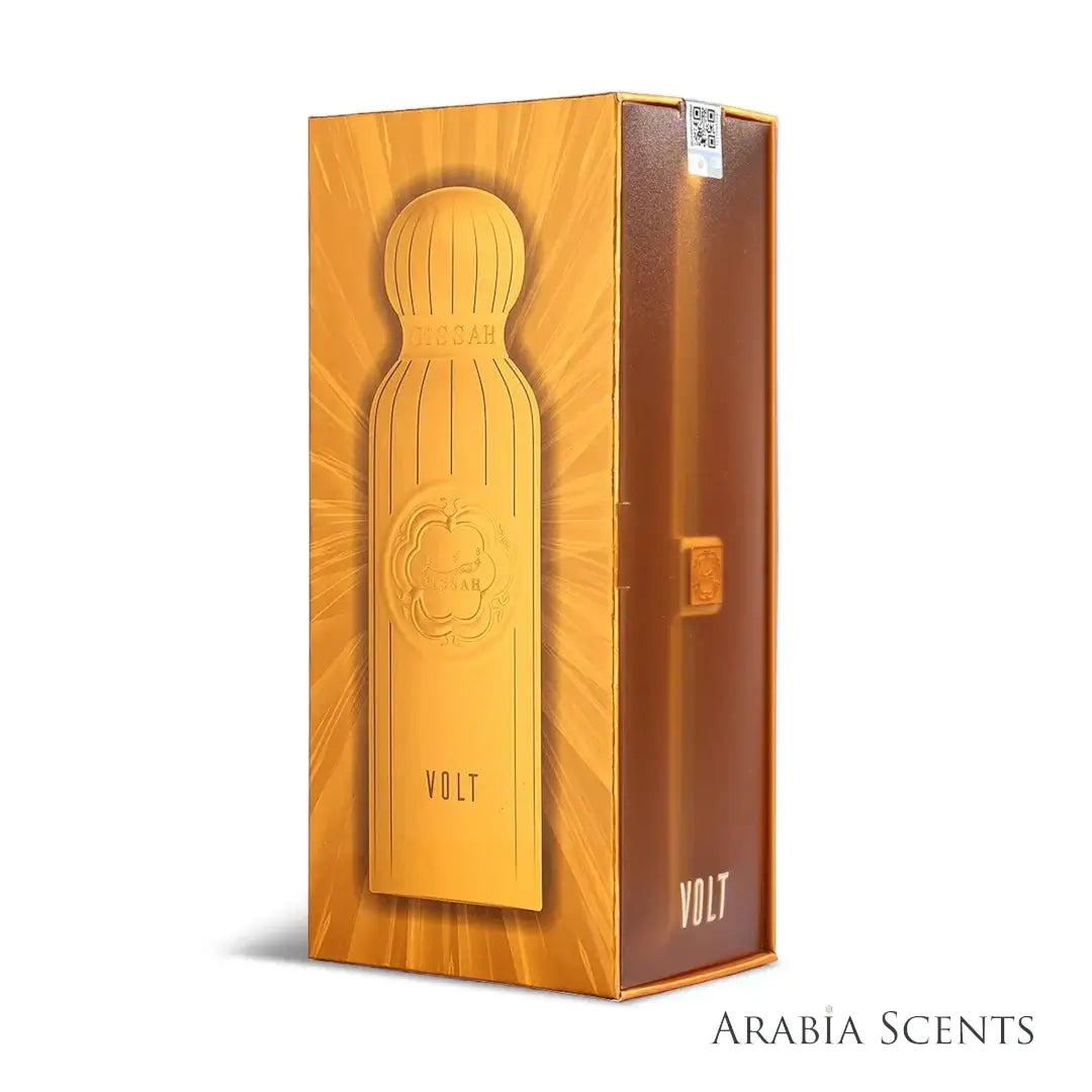 Volt by Gissah amber perfume box on a white background featured by 'Arabiascents'