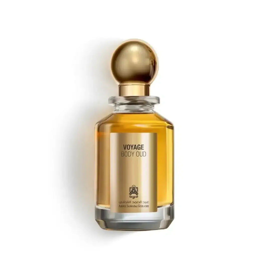 'Voyage Body Oud' perfume bottle on a white background with 'ASQ' branding