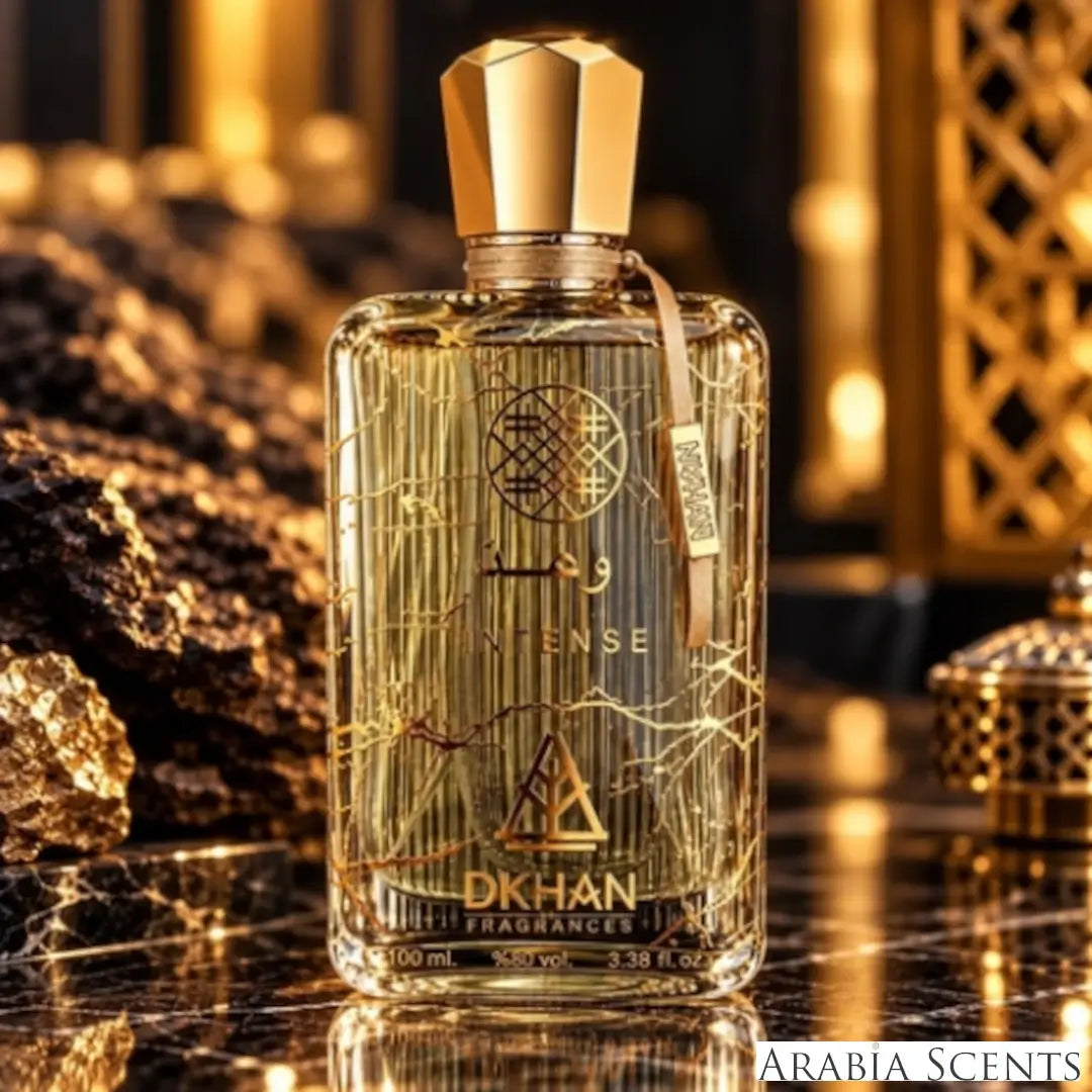 'Wa3d' perfume bottle on a white background with 'Dkhan' branding featured by 'Arabiascents'