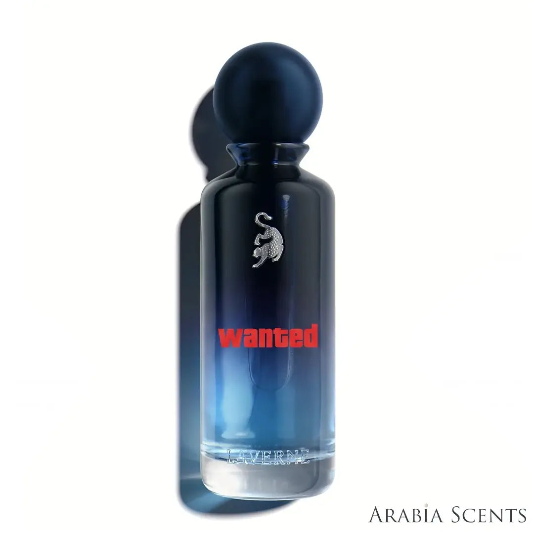 'Wanted' perfume bottle on a white background with 'Laverne' branding featured by 'Arabiascents'