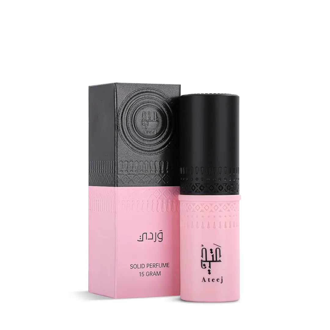 'Wardi' solid perfume bottle & packaging in a white background with 'Ateej' branding