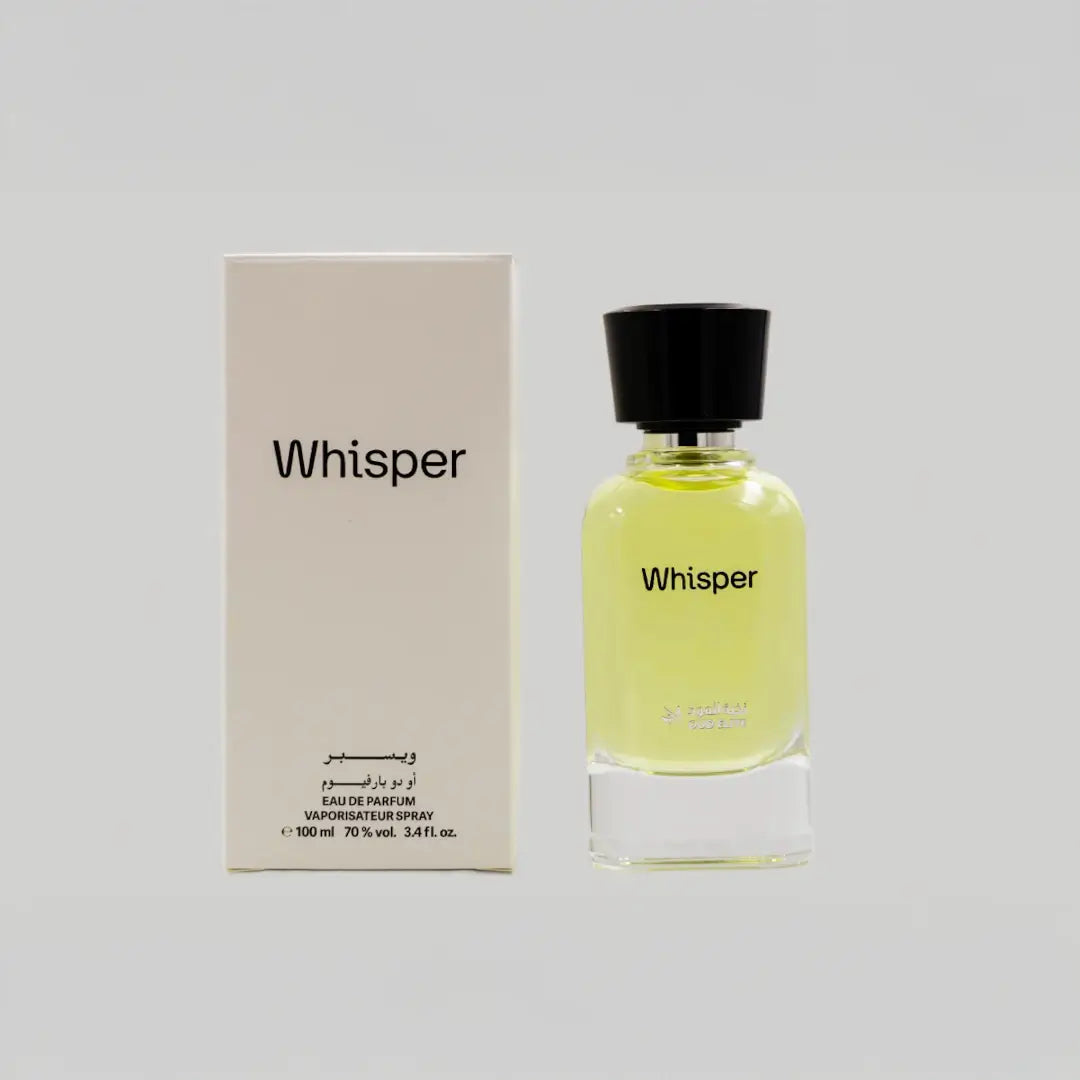 'Whisper' perfume bottle & packaging with 'Oud Elite' branding on a white background