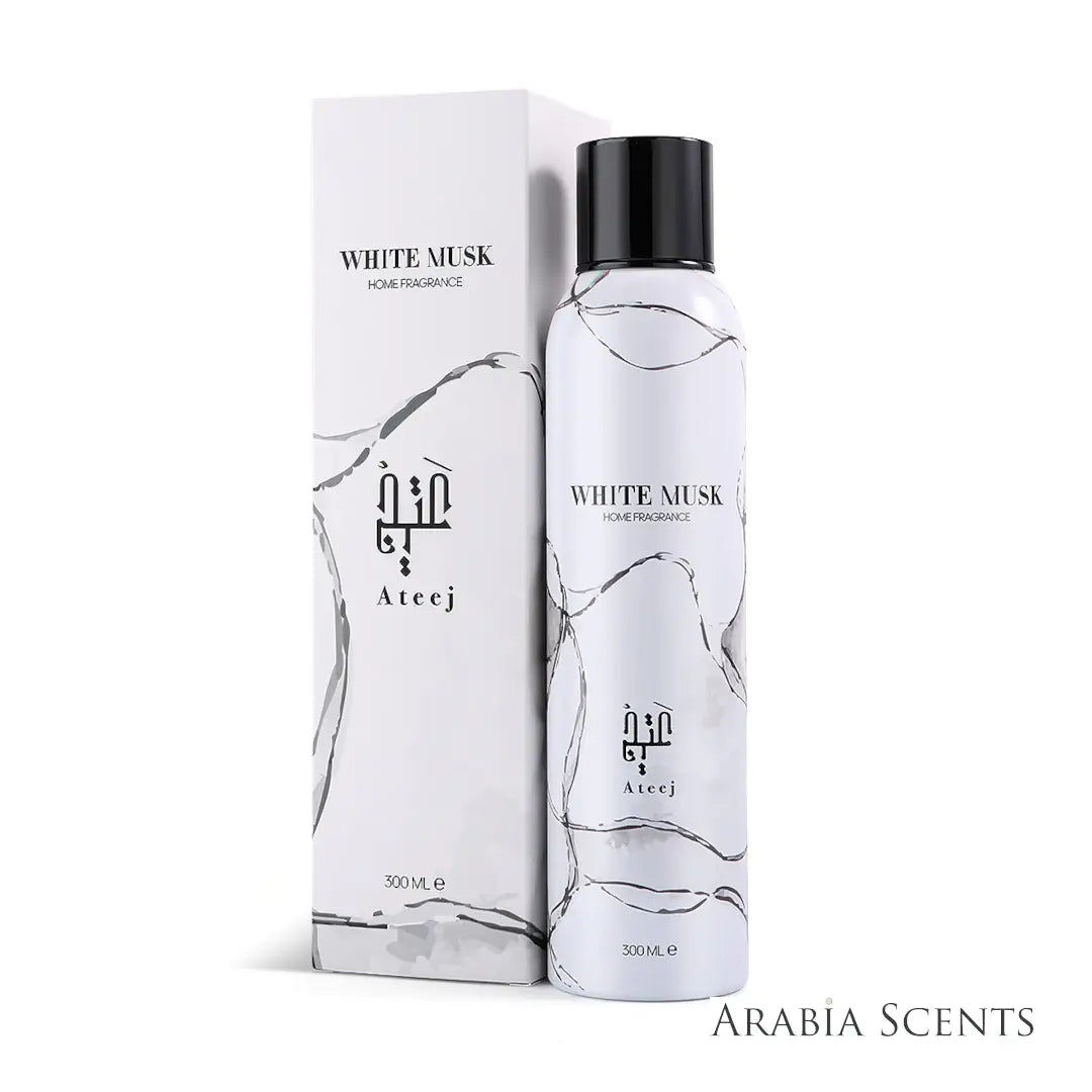 'White Musk' home fragrance spray bottle & packaging on a white background with 'Ateej' branding featured by 'Arabiascents' 