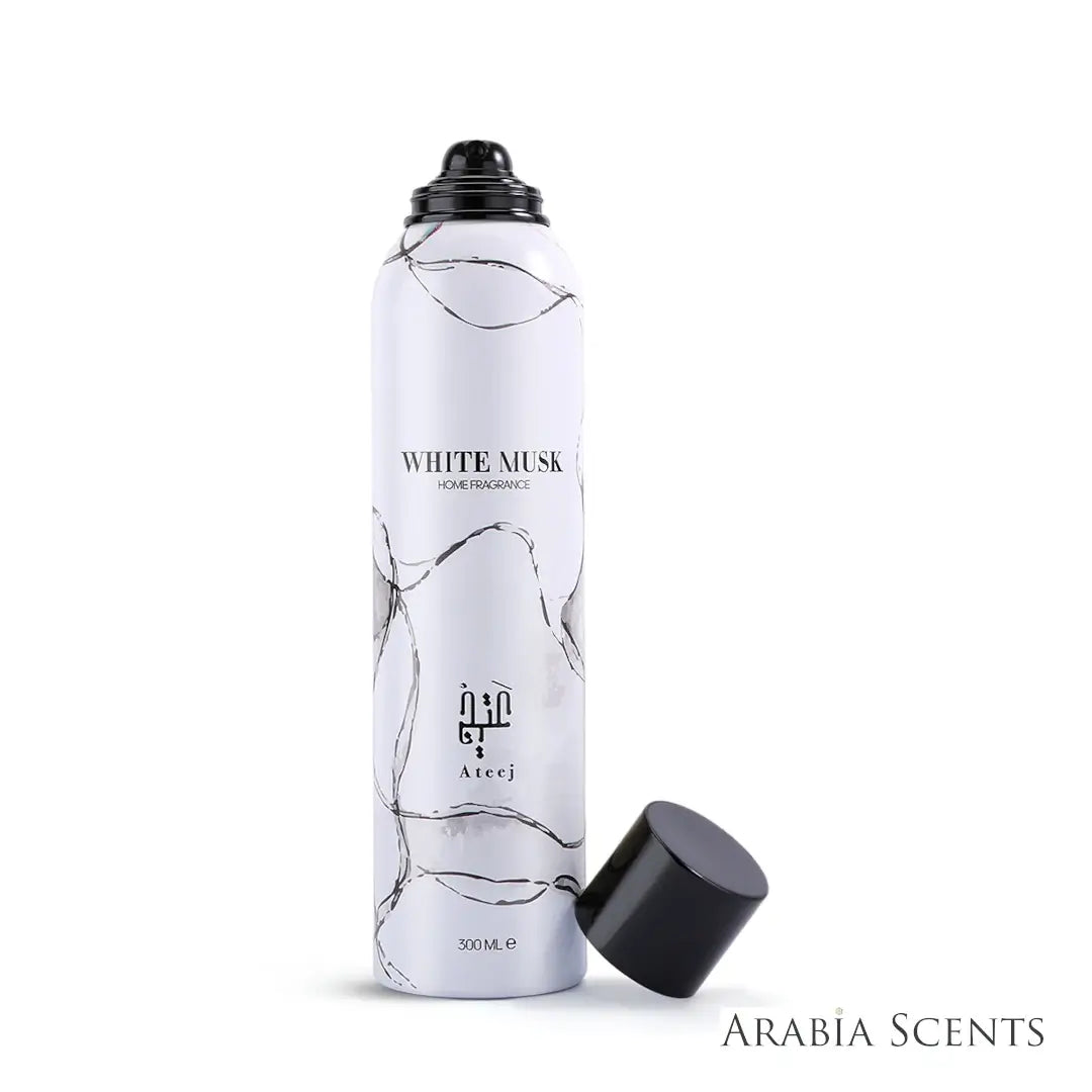 'White Musk' home fragrance spray bottle on a white background with 'Ateej' branding featured by 'Arabiascents' 
