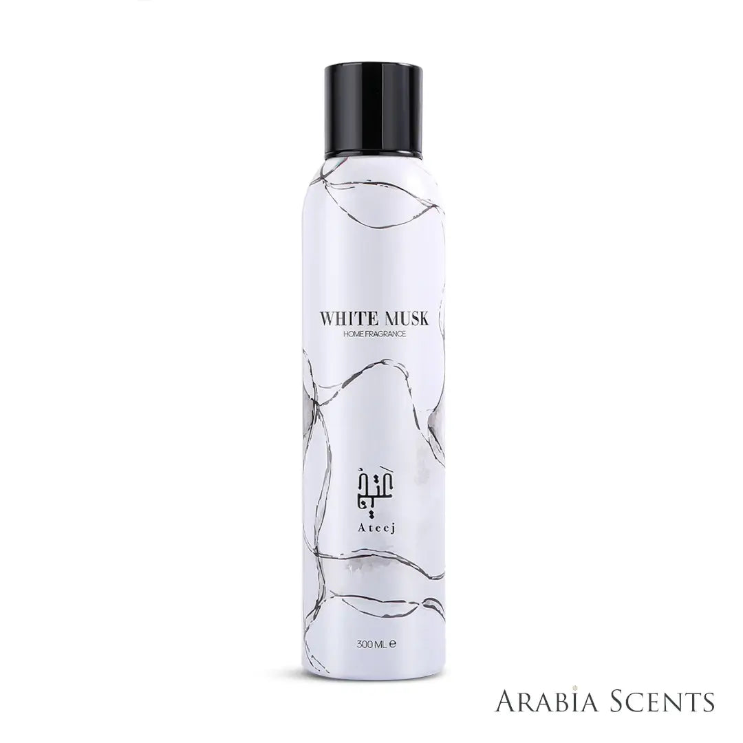 'White Musk' home fragrance spray bottle on a white background with 'Ateej' branding featured by 'Arabiascents' 
