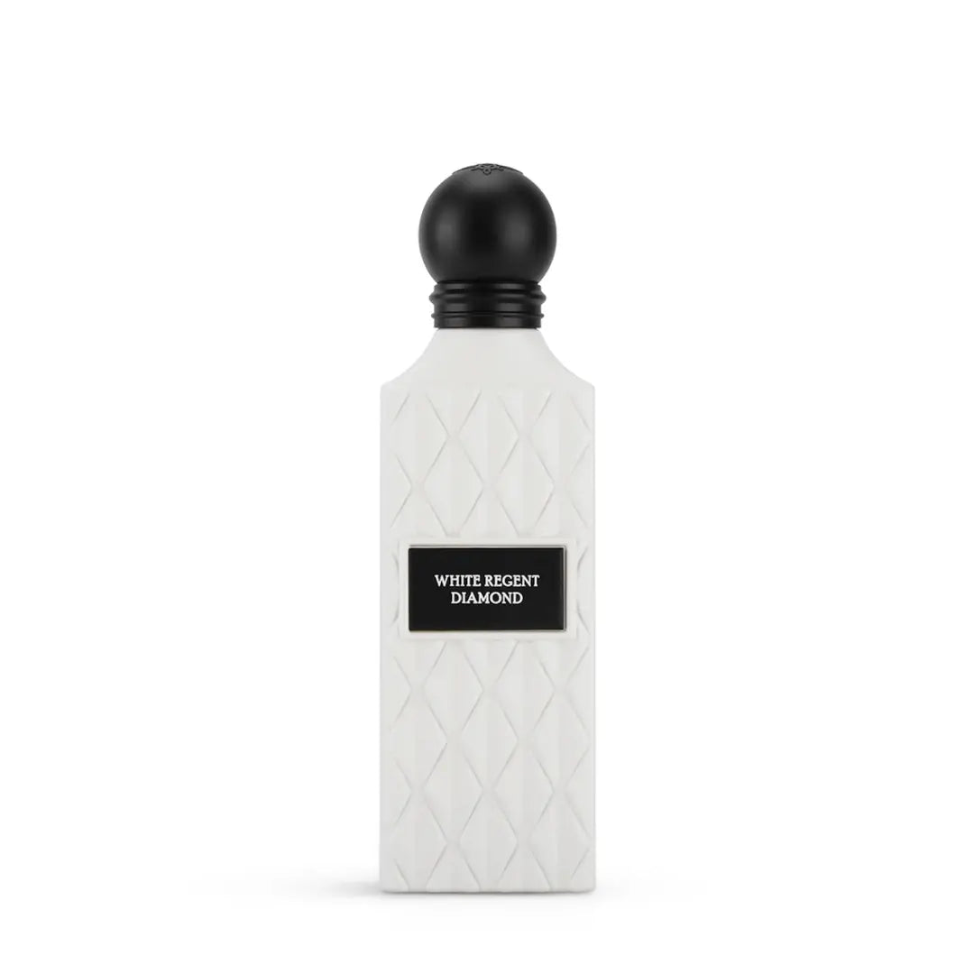 'White Regent Diamond' perfume bottle with black cap on a white background branded IBRAQ