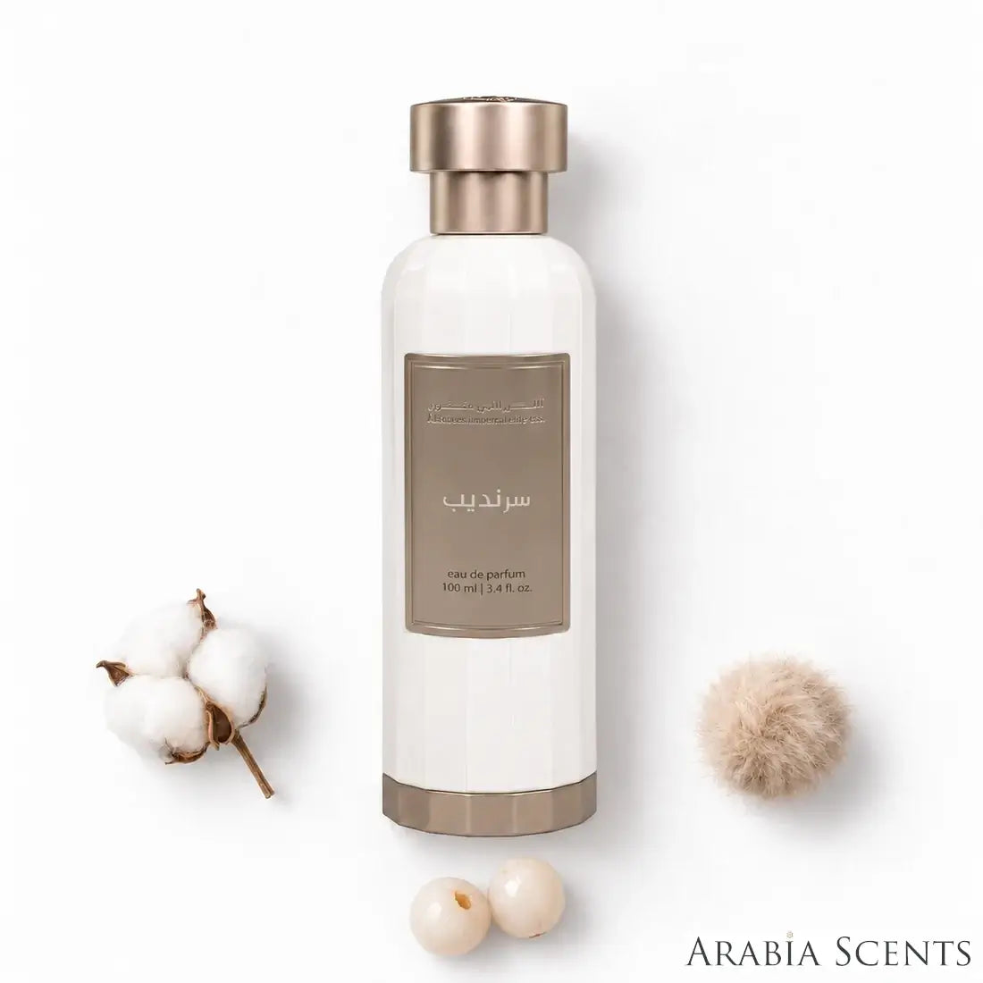 'White Sarandeeb' perfume bottle on a white background with 'Aldur Almanthoor' branding featured by 'Arabiascents'