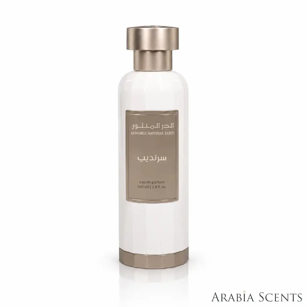 'White Sarandeeb' perfume bottle on a white background with 'Aldur Almanthoor' branding featured by 'Arabiascents'