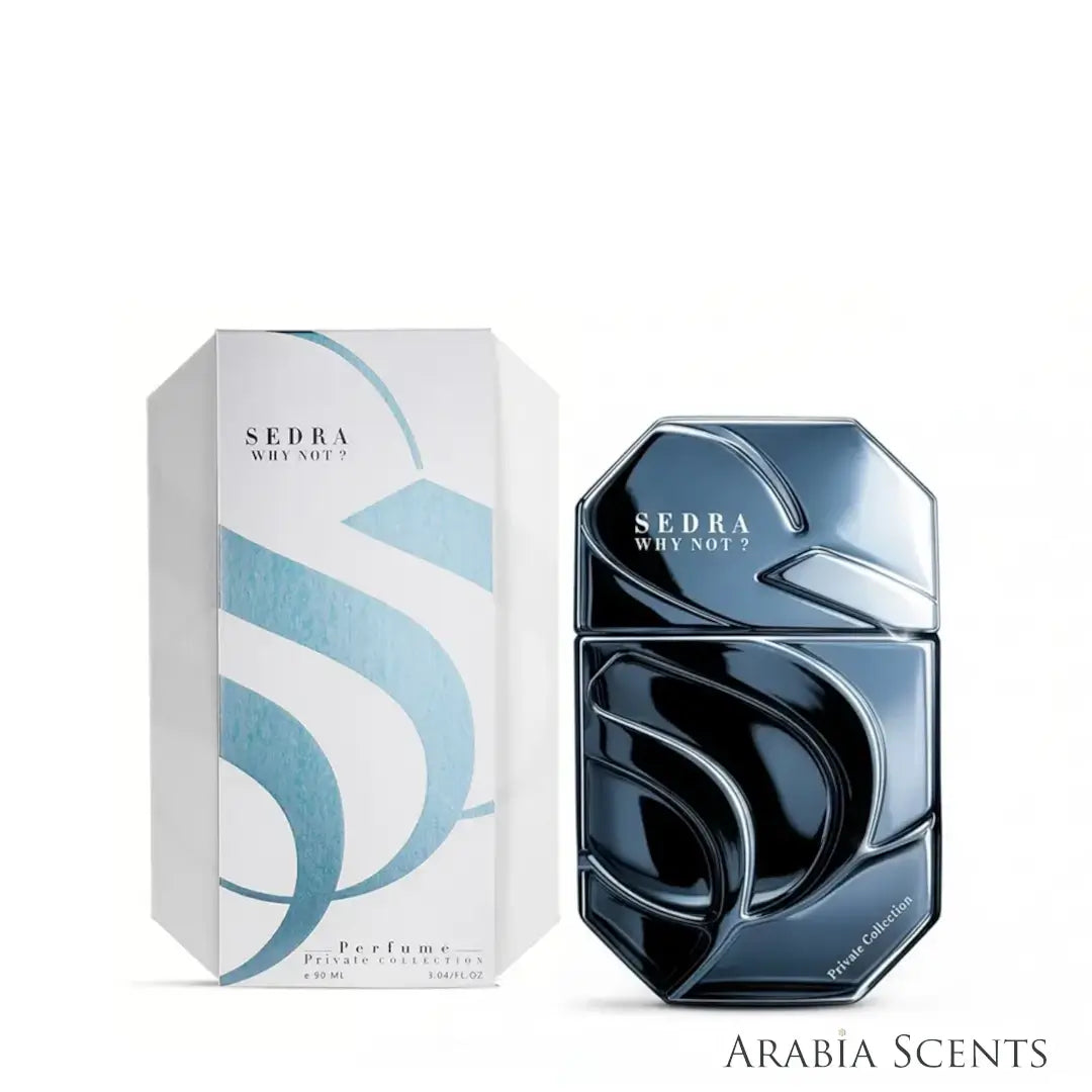 Why Not by Sedra perfume bottle and its packaging box, featuring a glossy dark blue faceted bottle and a white box with light blue abstract swirls, shown on a white background featured by ArabiaScents