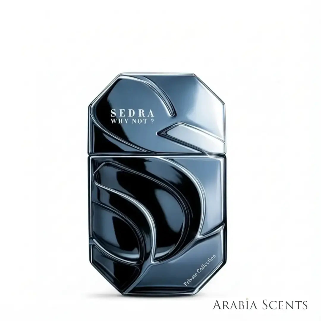 A sleek, dark blue and black faceted perfume bottle labeled 'SEDRA WHY NOT' with 'Private Collection' printed on the side, set against a plain white background. featured by 'ARABIASCENTS'