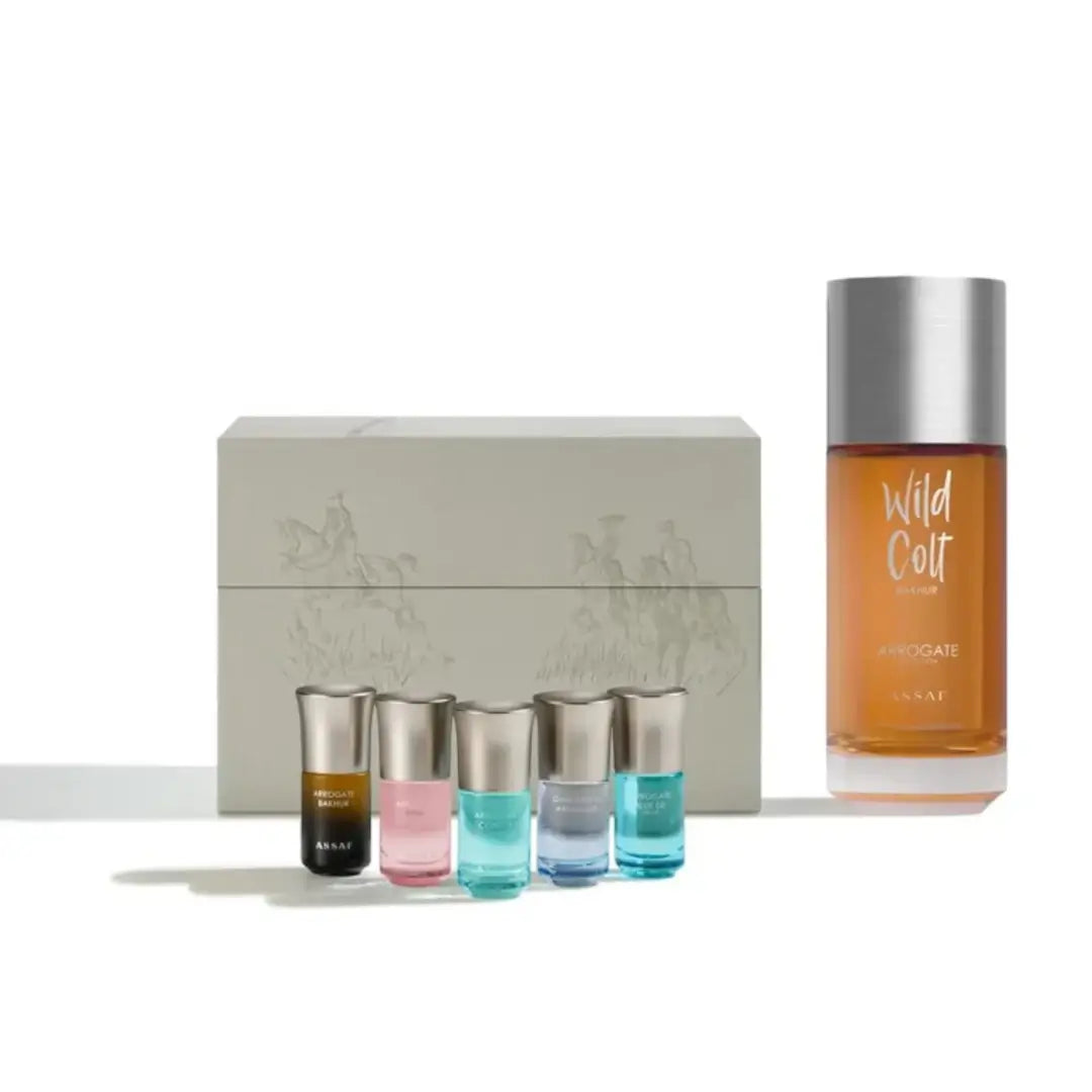 'Wild Colt Bakhur Collection' perfume bottles & packaging on a white background with 'Assaf' branding