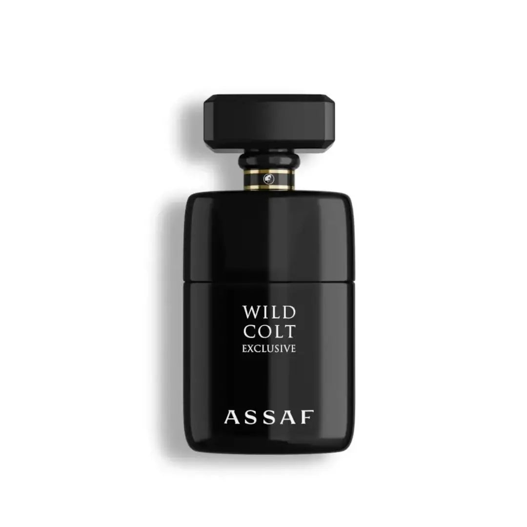 'Wild Colt Exclusive' perfume bottle on a white background with 'Assaf' branding