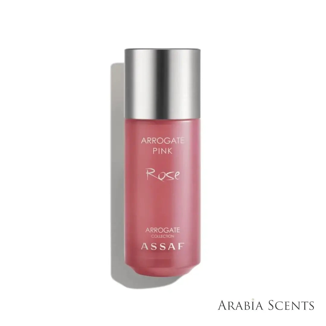 'Arrogate Pink Rose' perfume bottle  on a white background with 'Assaf' branding featured by 'Arabiascents'