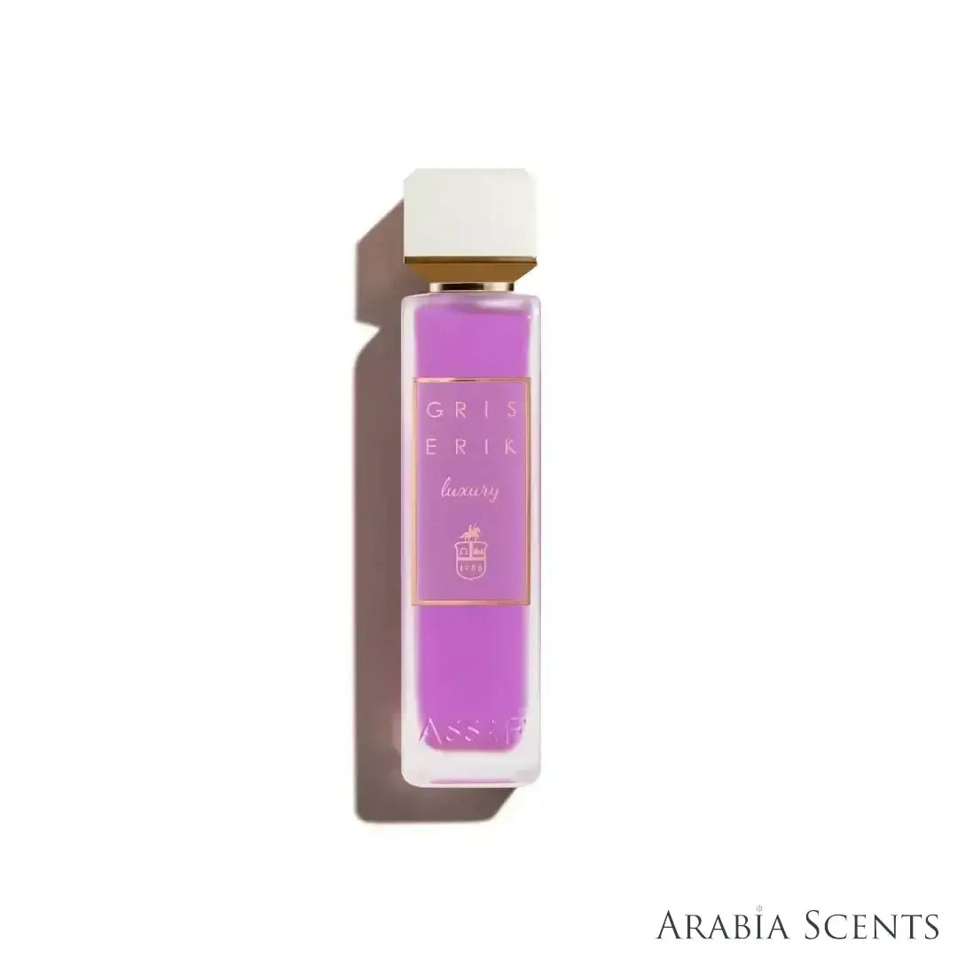 'Gris Erik' perfume bottle on a white background with 'Assaf' branding featured by 'Arabiascents'