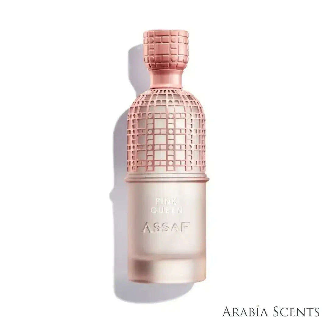 'Pink Lady' perfume bottle on a white background with 'Assaf' branding featured by 'Arabiascents'
