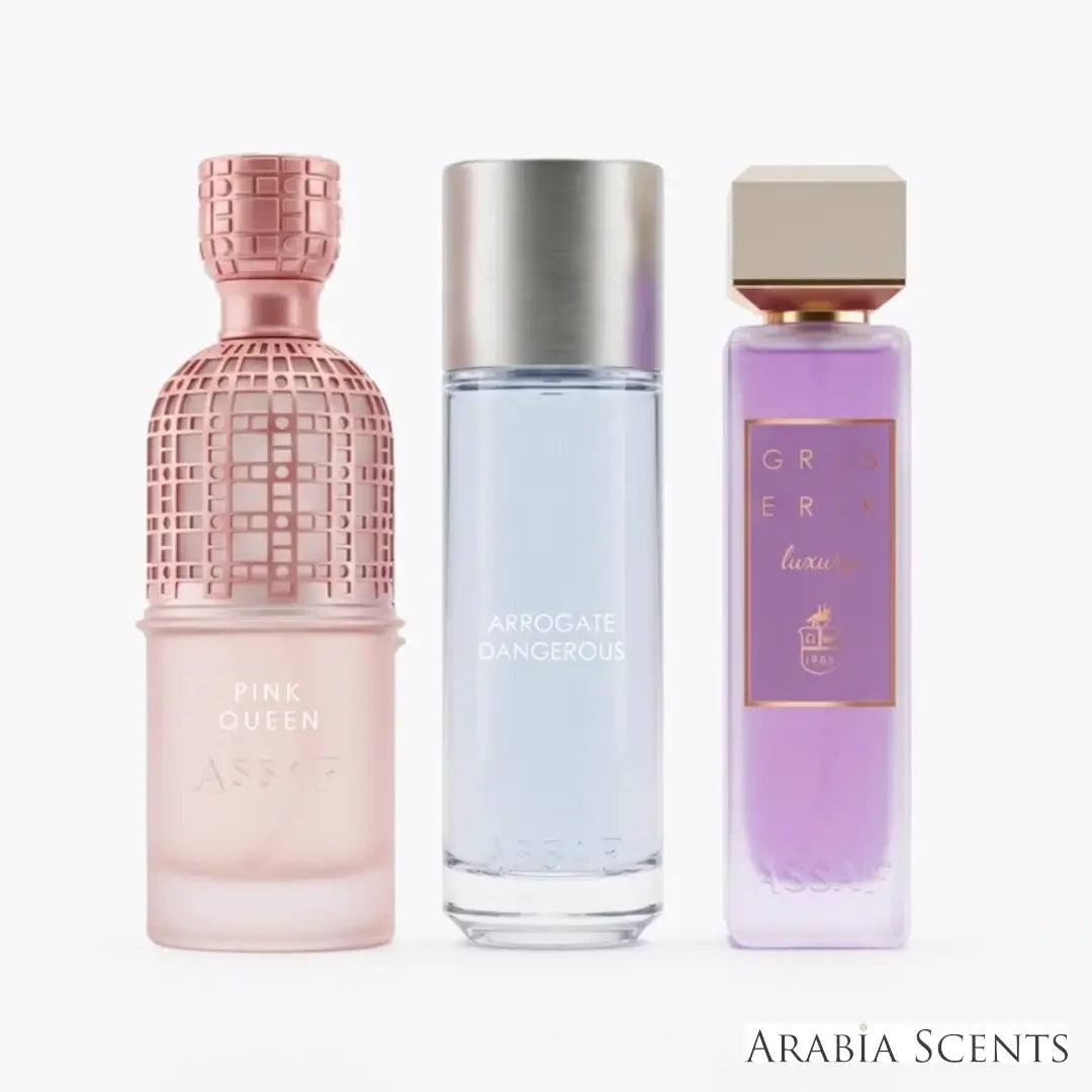 'Women's Collection' set perfume bottles on a white background with 'Assaf' branding featured by 'Arabiascents'