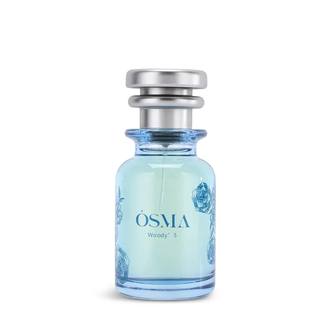 'Woody S' perfume bottle with silver cap on a white background with 'Osma' branding