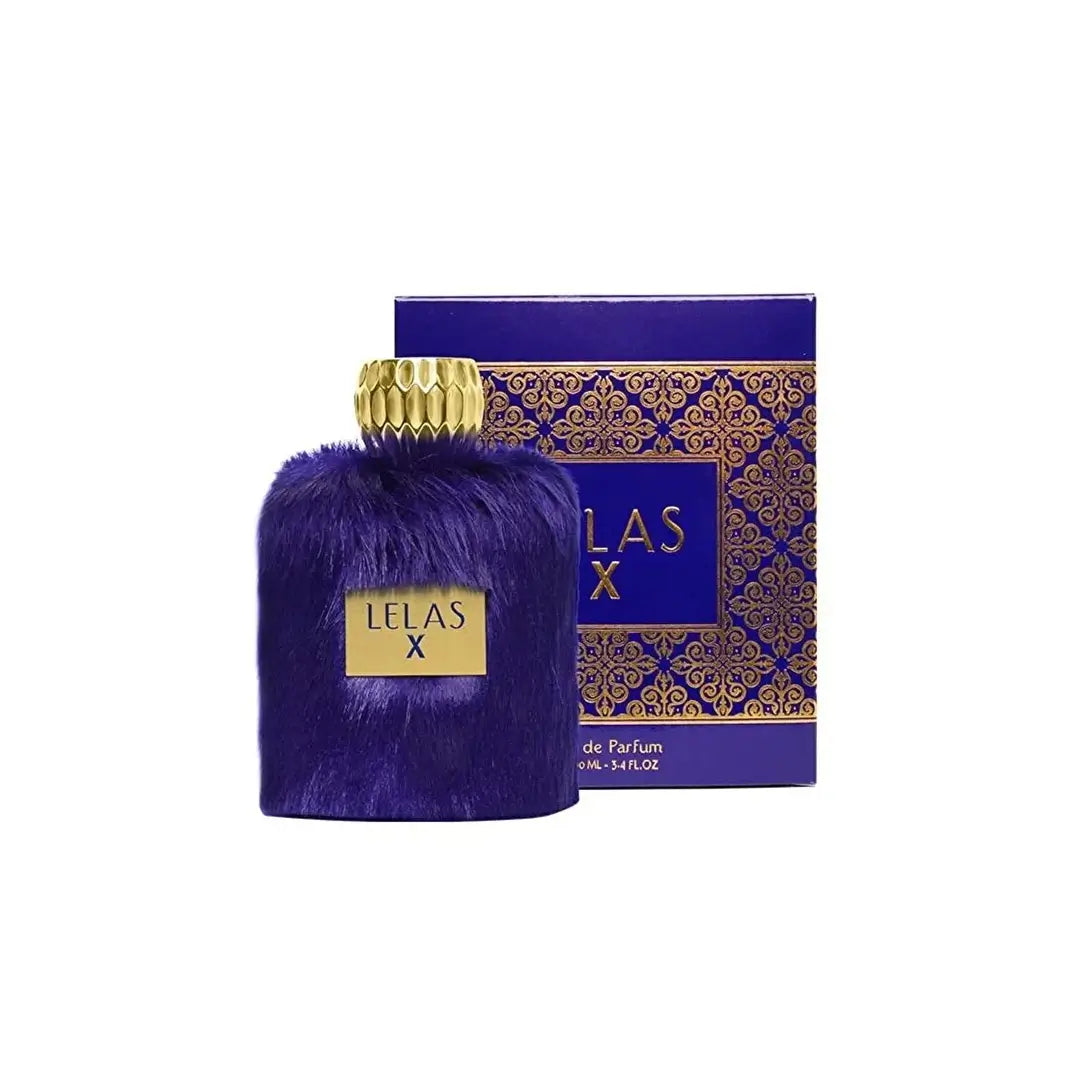 Purple perfume bottle with gold cap and decorative box labeled 'Lelas X' on a white background
