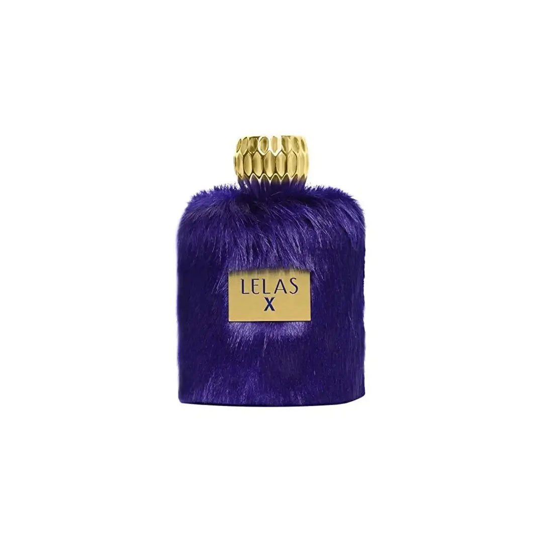 Purple fur-textured perfume bottle with gold cap and 'LELAS X EDP' label on a white background