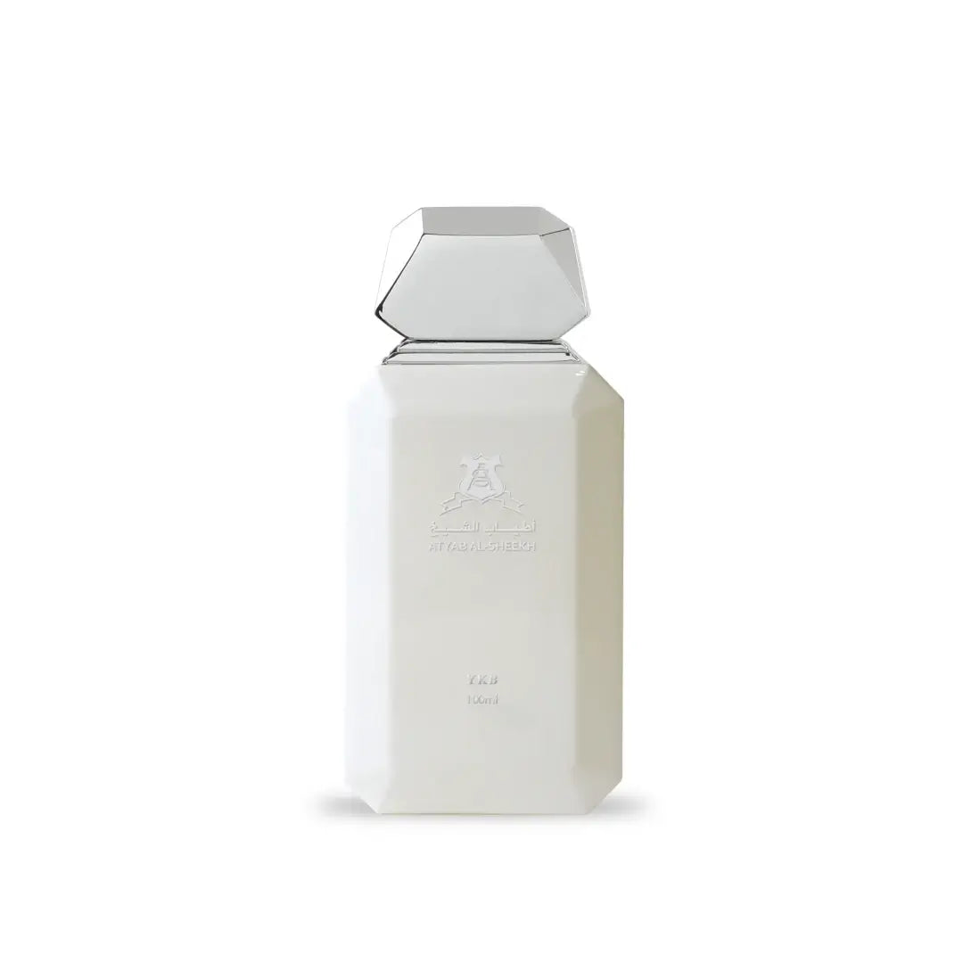 'YKB White' perfume bottle on a white background with 'Atyab Al Sheekh' branding