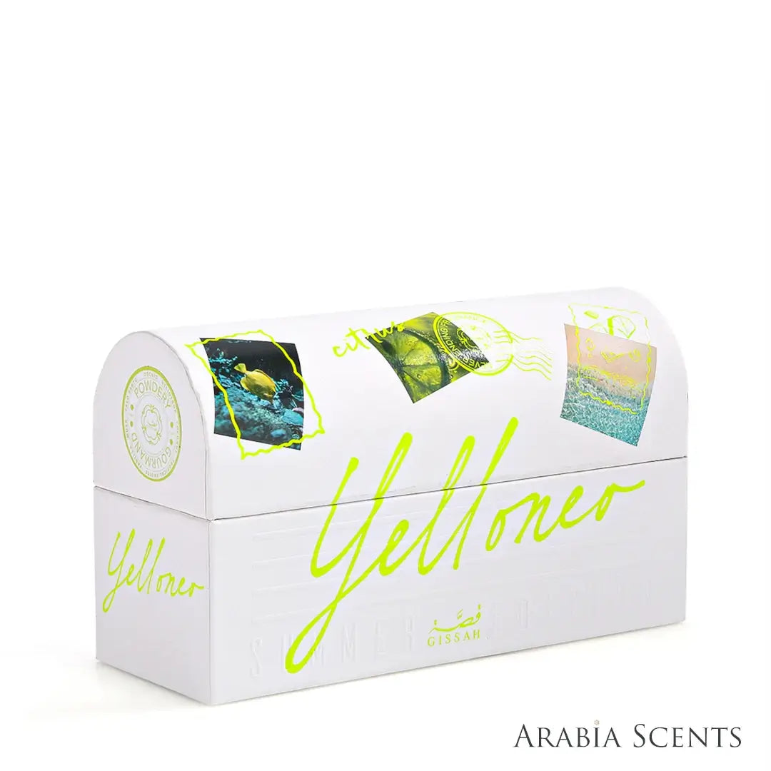 'Yelloneo Summer Edition' packaging on a white background with 'Gissah' branding featured by 'Arabiascents'