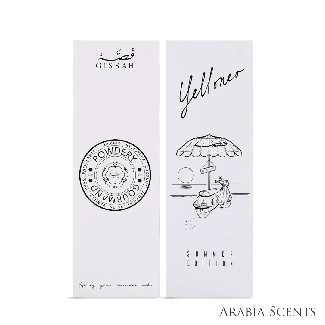 'Yelloneo Summer Edition' packaging on a white background with 'Gissah' branding featured by 'Arabiascents'