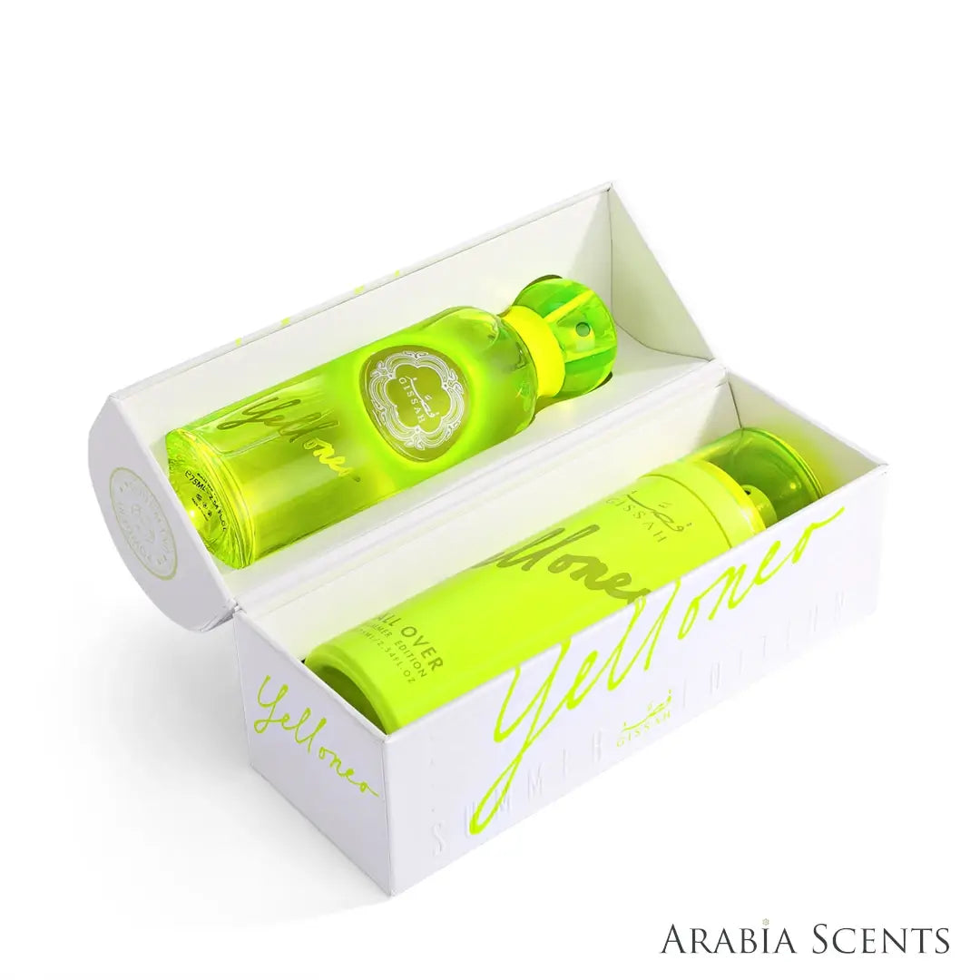 'Yelloneo Summer Edition' perfume bottle & all over spray with packaging on a white background with 'Gissah' branding featured by 'Arabiascents'