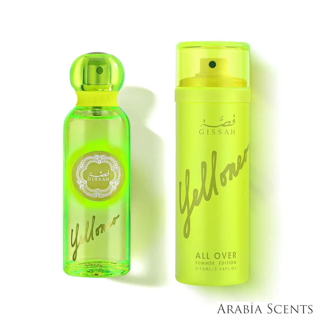 'Yelloneo Summer Edition' perfume bottle & all over spray on a white background with 'Gissah' branding featured by 'Arabiascents'