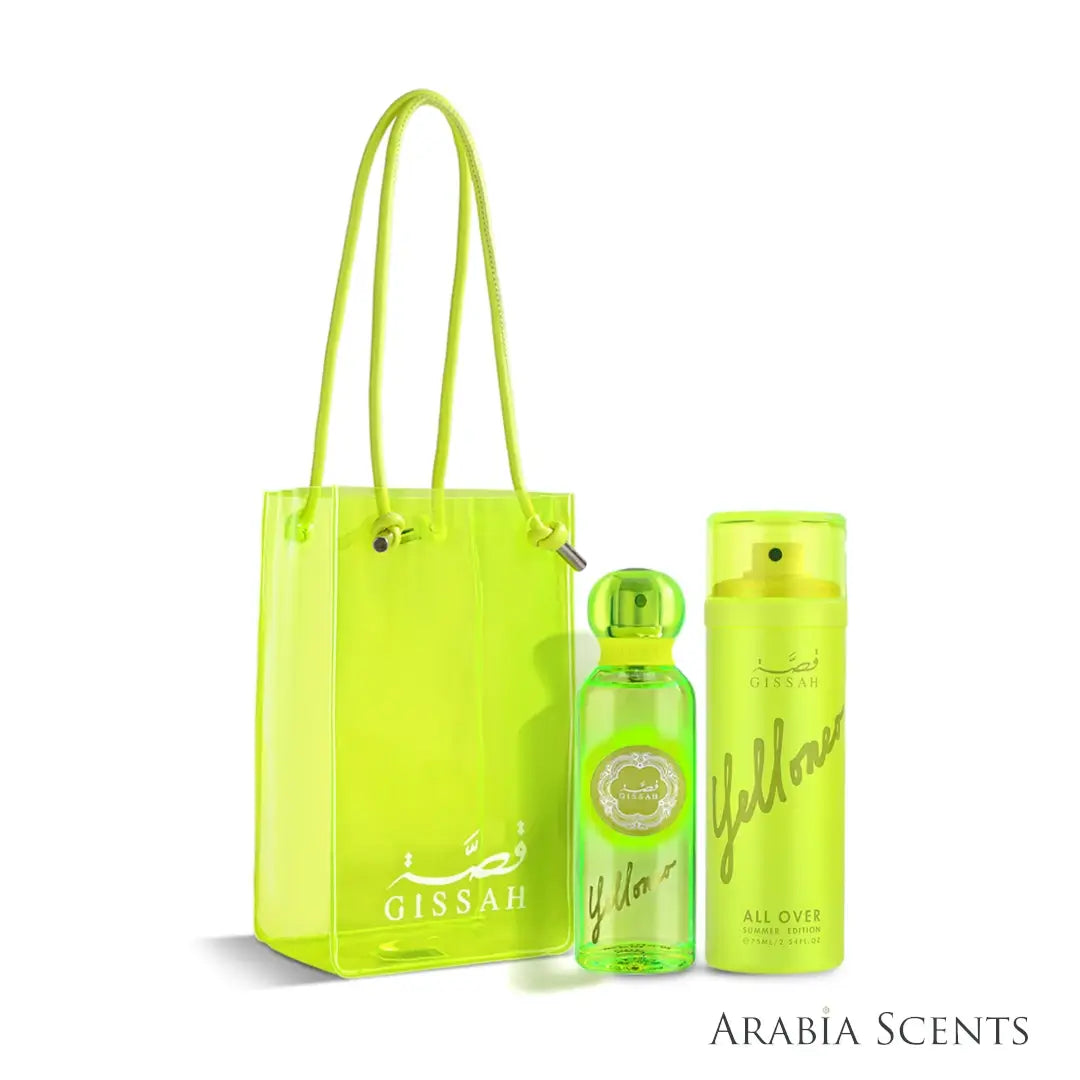 'Yelloneo Summer Edition' set on a white background with 'Gissah' branding featured by 'Arabiascents'