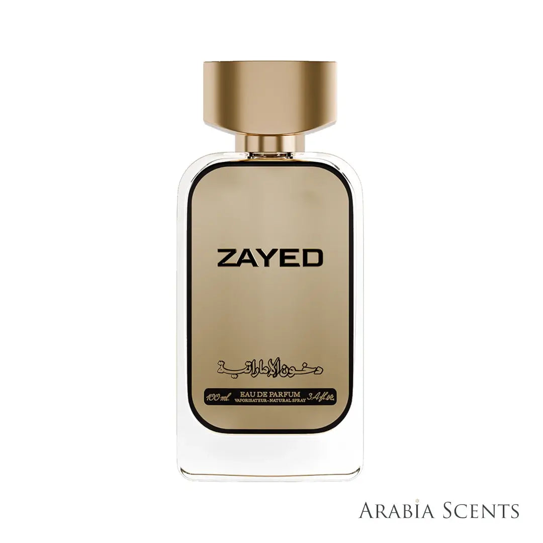 Perfume bottle 'Zayed' with Dkhoon Emirates branding on a white background featured on ArabiaScents